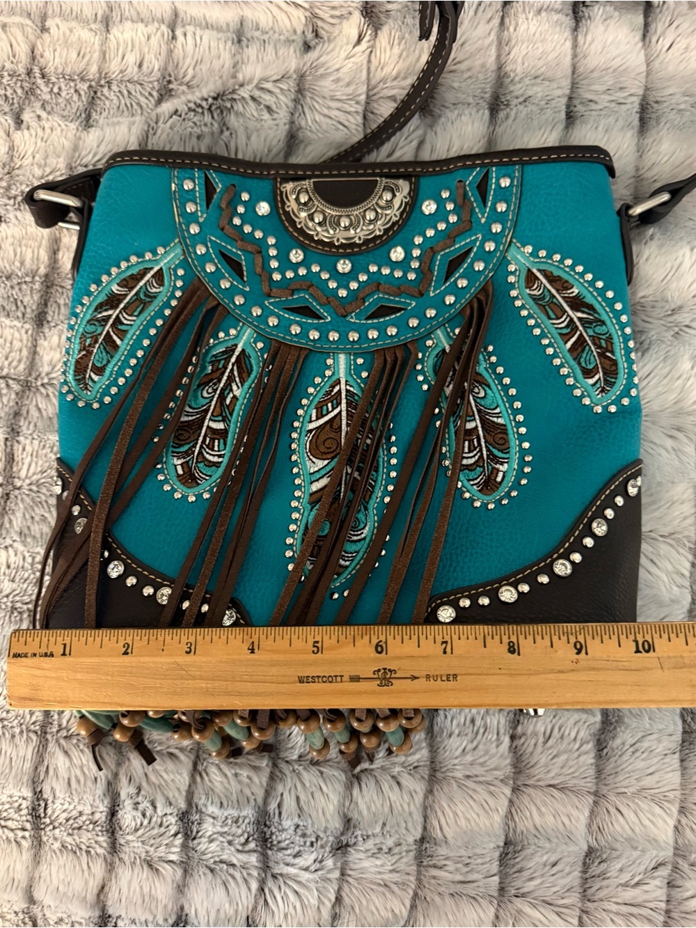Teal and Brow Fringe purse with Studded Detail - Picture 3 of 7